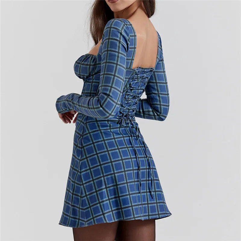 Women Lace Bodycon Mini Square Neck Long Sleeve Bustier Dress