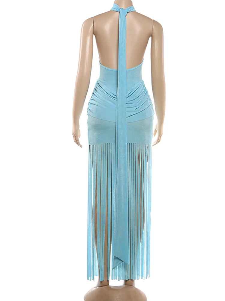Velvet Halter Turtleneck Backless Mini Dress With Ruched Patchwork Tassel Hem