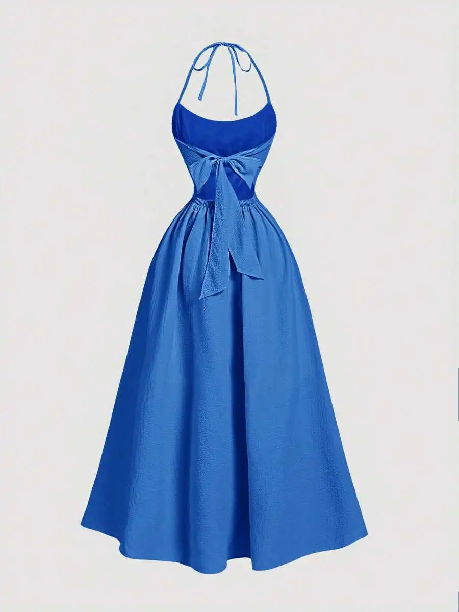 Halter Backless Midi Dress With Bowknot Waist Tie A Line