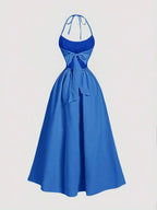 Halter Backless Midi Dress With Bowknot Waist Tie A Line