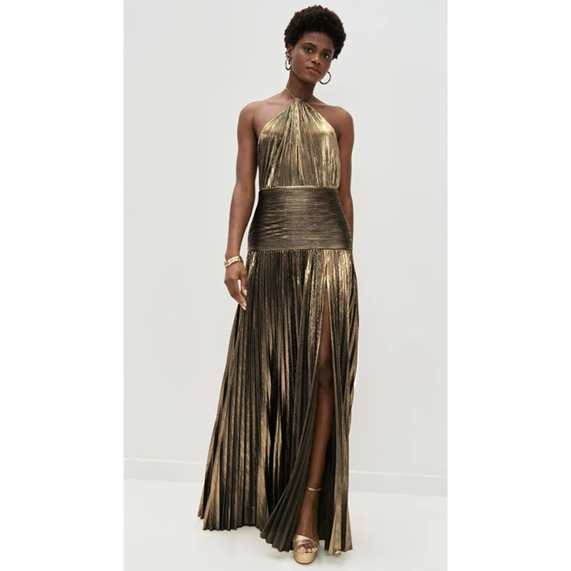 Off Shoulder Corset Halter Evening Gown With Slit