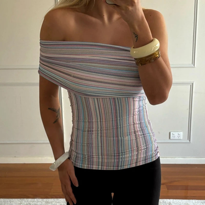 Striped Off Shoulder Crop With Wrap Neckline Bandeau Backless Sleeveless Tube Top