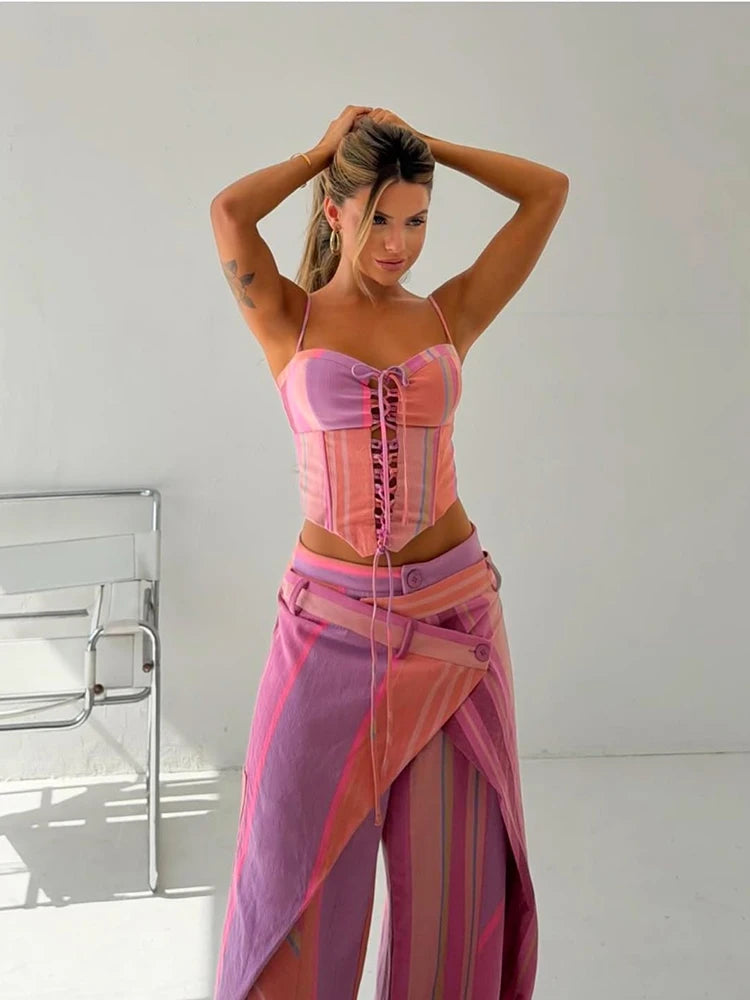 Chic Strips Pants Women Set Patchwork Slash Neck Bandage Top Pleated Asymmetry Trousers