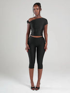 Midnight Knot Crop Top And Capri Set With Diagonal Collar