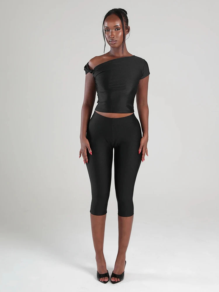 Midnight Knot Crop Top And Capri Set With Diagonal Collar