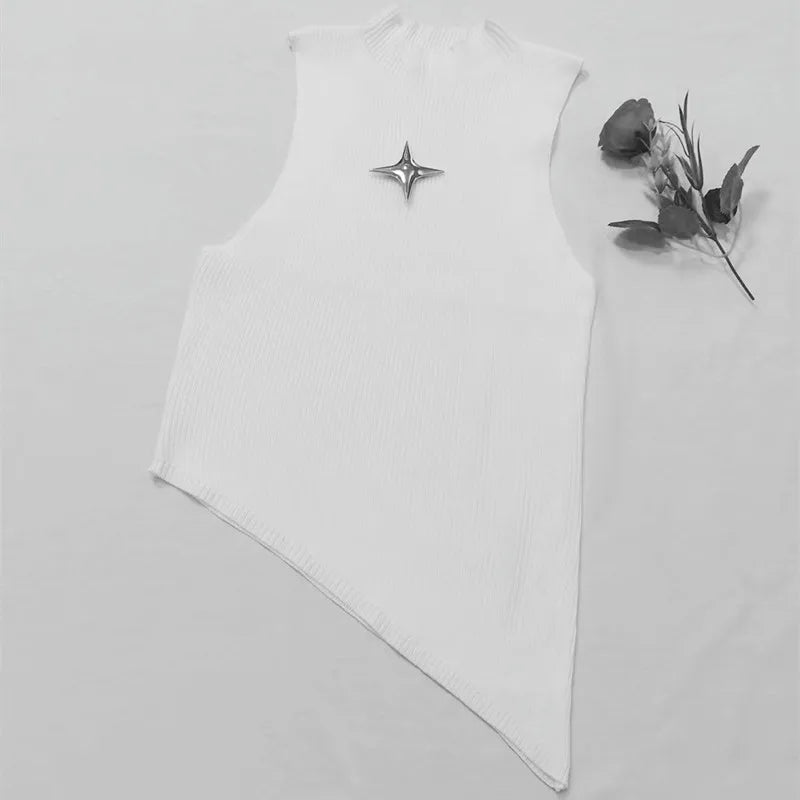 Crop Knit Vest With High Neck And Asymmetrical Hem