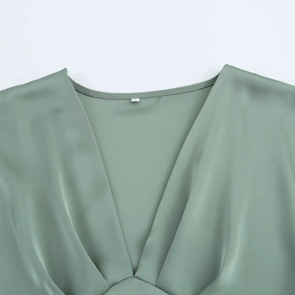 Elegant l Solid Satin Midi Dress With V Neck And Short Sleeves