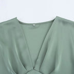 Elegant l Solid Satin Midi Dress With V Neck And Short Sleeves