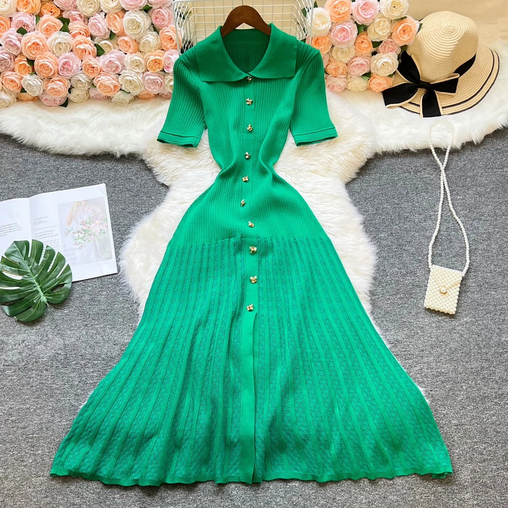 Vintage Inspired Turn Down Collar Knit Maxi Shirt Dress