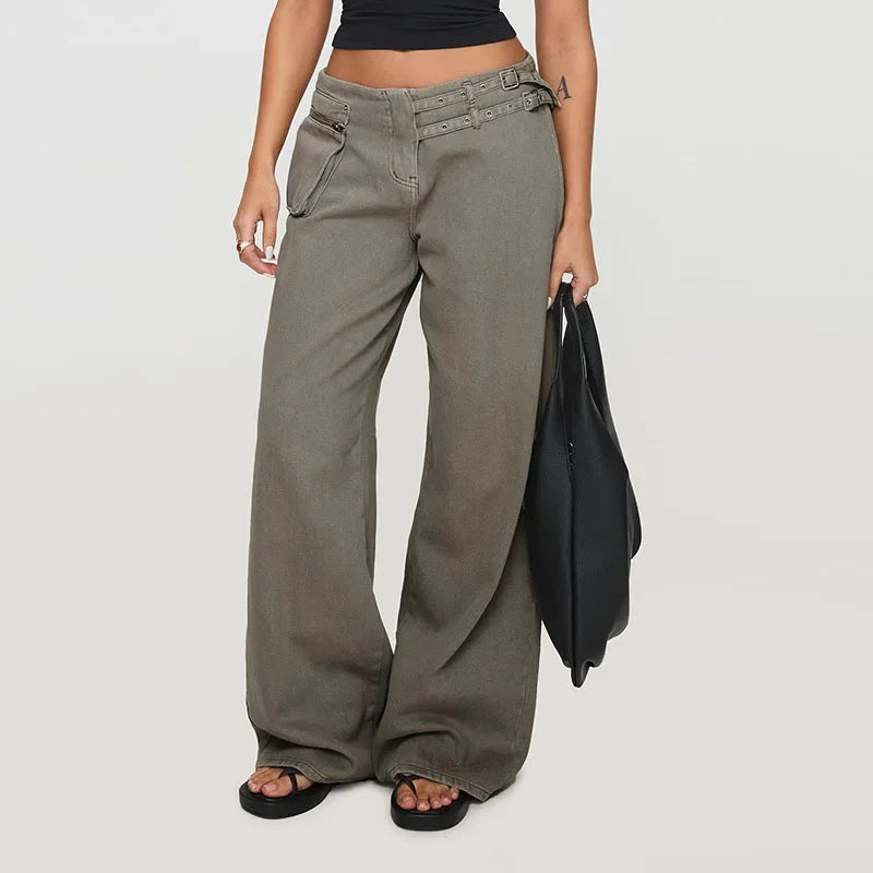 Street Style Mid Rise Wide Leg Denim Pants With Deep Pockets
