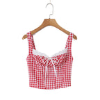 Red Plaid Corset Camis Lace Trim Bow Detail Bustier Sexy Top