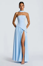 Elegant Off-Shoulder Evening Gown With Patchwork Pleats And Scarf Neck High Split Long Dress