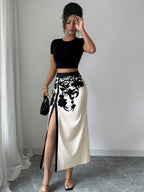 Black Floral Midi Skirt With Ruched And High Slit