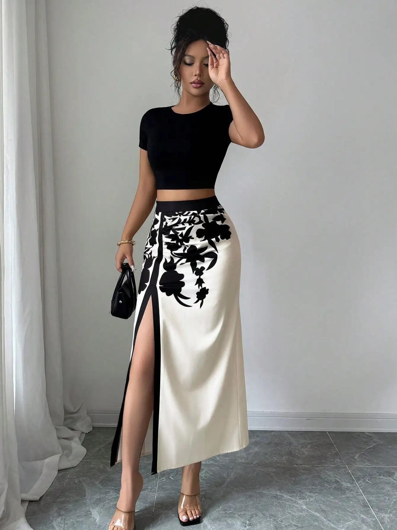 Black Floral Midi Skirt With Ruched And High Slit