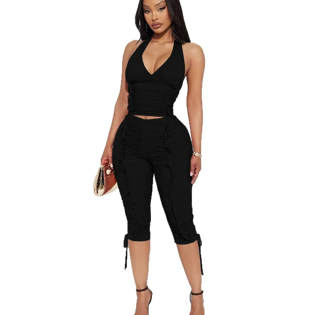 V Neck Halter Crop Top Two Piece Set With Sleek Fitted Pants