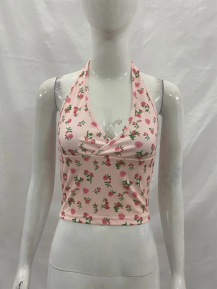 Rose Print Backless Tank Top With Slim Fit Crop