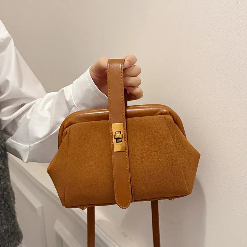Luxe Faux Suede Frame Shoulder Bag With PU Accent Elegant Crossbody