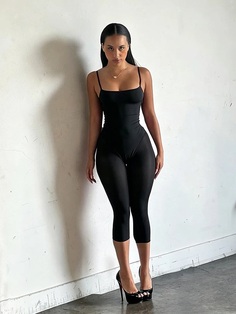 Slim Backless Playsuit With Low Neck High Waist Silhouette Ultra Stretch Sporty Romper