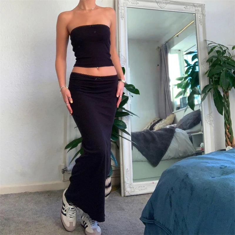 Vintage Vibe Skirt Set Spaghetti Strap Crop Cami Top With Long Pencil Skirt