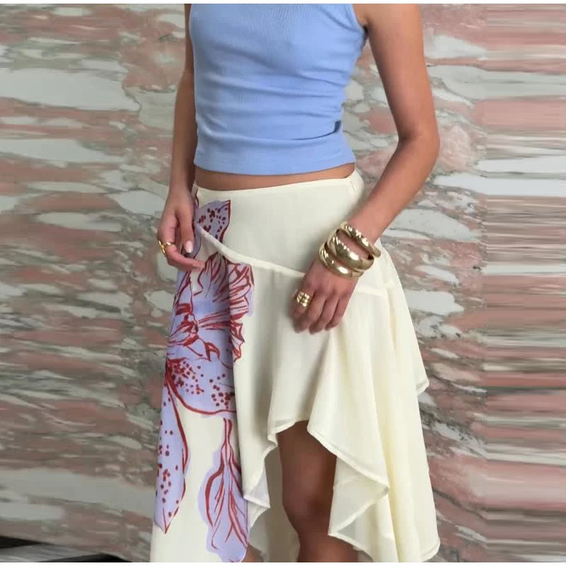 Soft Ruffle High Waist Midi Skirt With Asymmetrical Hem