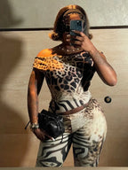 Leopard Print Two Piece Set For Women Slash Neck Backless Top And Hip Crop Pants