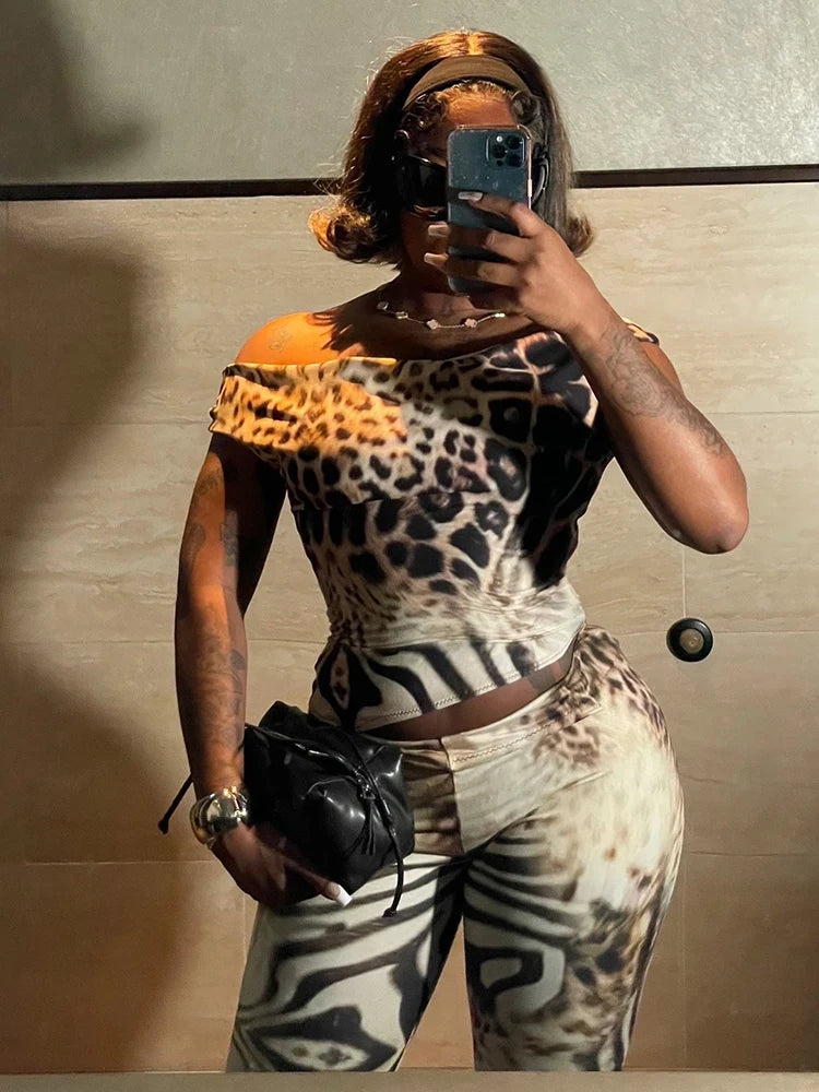 Leopard Print Two Piece Set For Women Slash Neck Backless Top And Hip Crop Pants