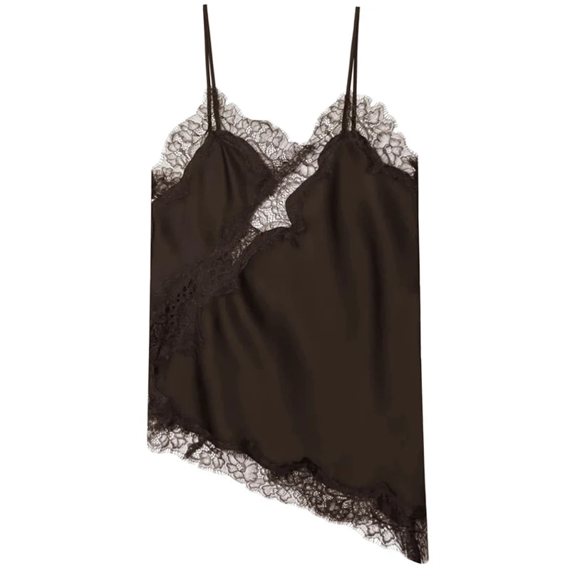 Asymmetrical Lace Slip Top Satin Off Shoulder Backless Camisole