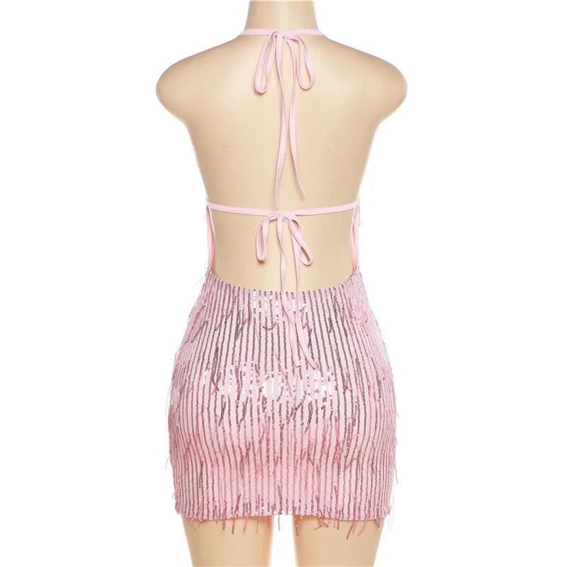 Gleaming Halter Neck Backless Sequin Tassel Party Dress