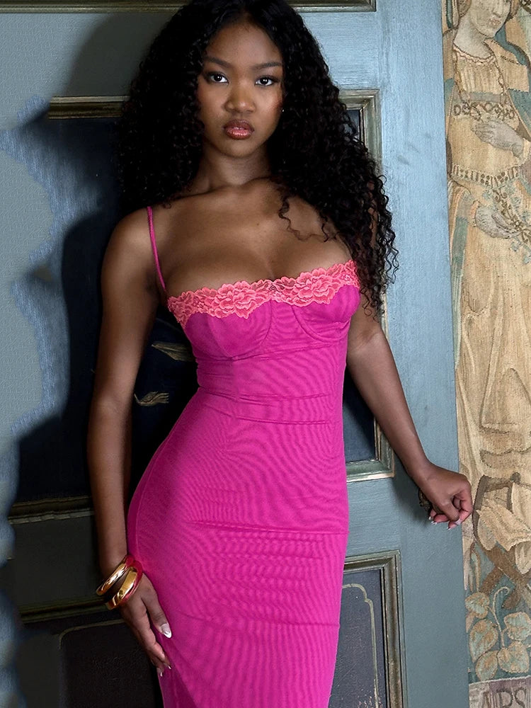 Lace Spaghetti Strap Bodycon Maxi Dress With Patchwork Backless