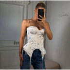 Romantic Floral Corset Cami Top With Sweetheart Neckline And Irregular Hem For Summer