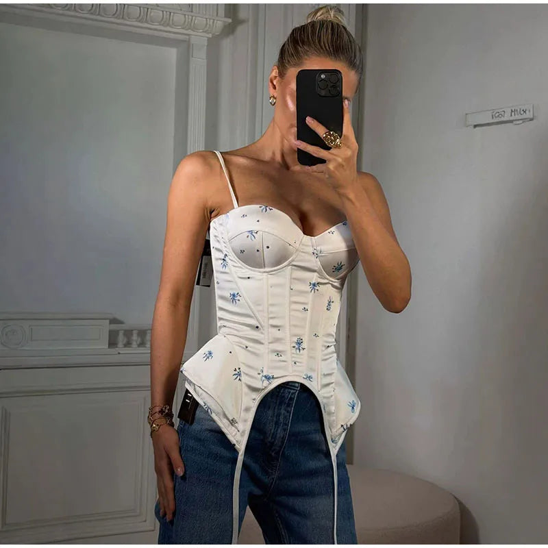 Romantic Floral Corset Cami Top With Sweetheart Neckline And Irregular Hem For Summer