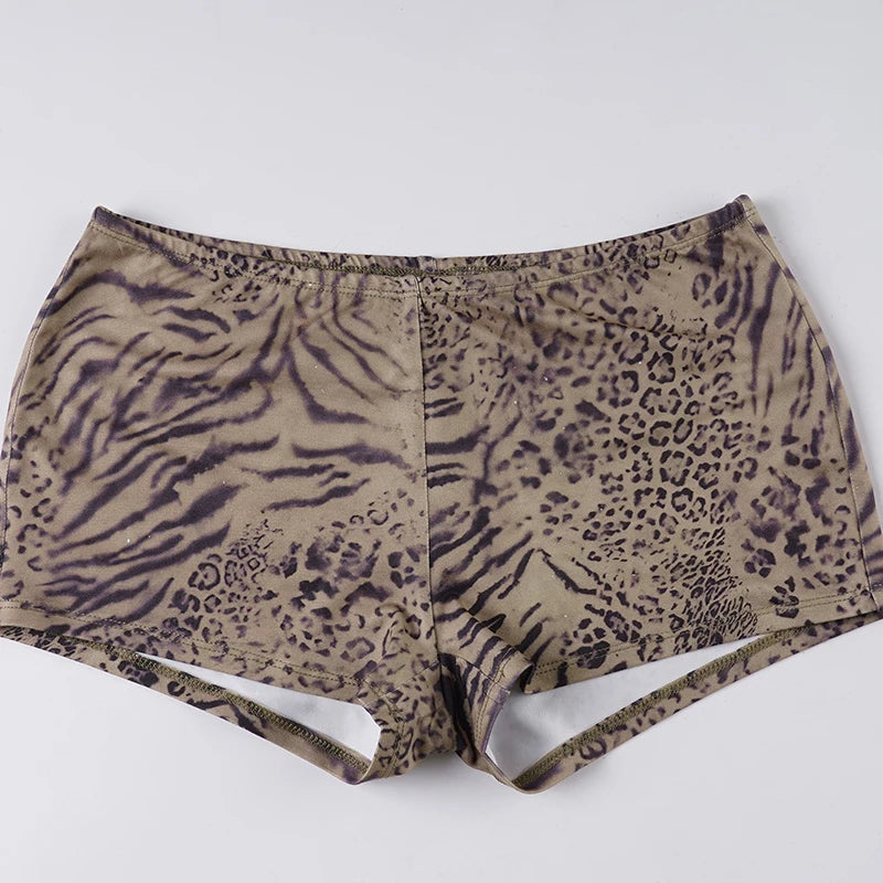 Leopard Print two piece Set Halter Crop Top With Deep V Backless Low Rise Shorts Outfit
