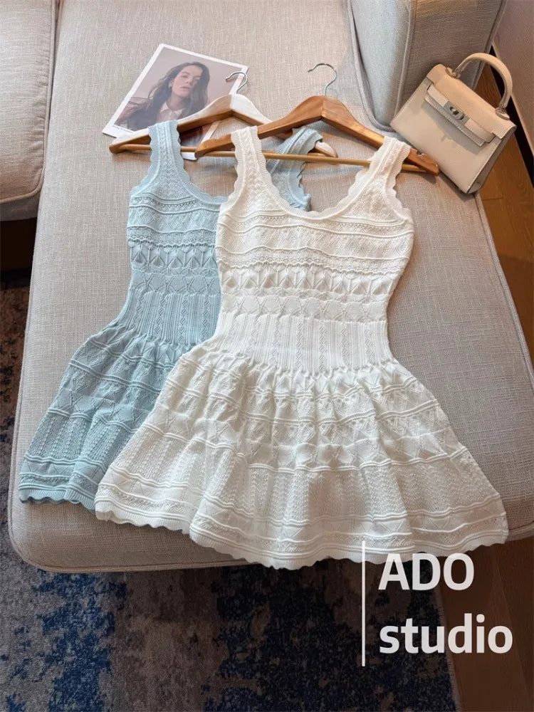 A Line Dress With Ruffled Knitted Vest For Women French Style