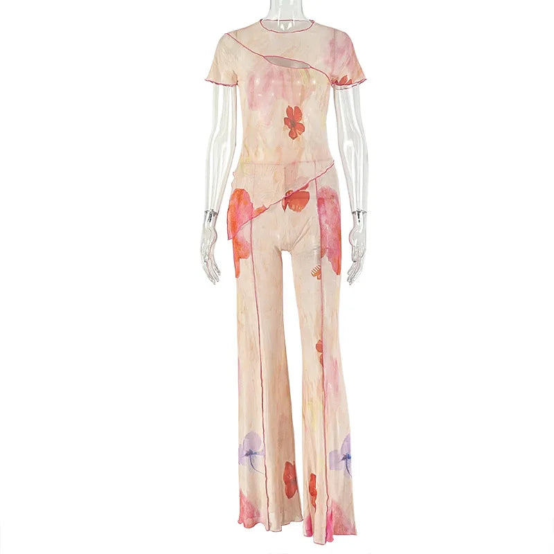 Floral Two Piece Set Elegant O-Neck Top And Flare Pants