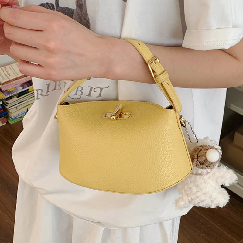 Soft Leather Bucket With Gold Button Tassel Luxe Everyday Shoulder Satchel For Women