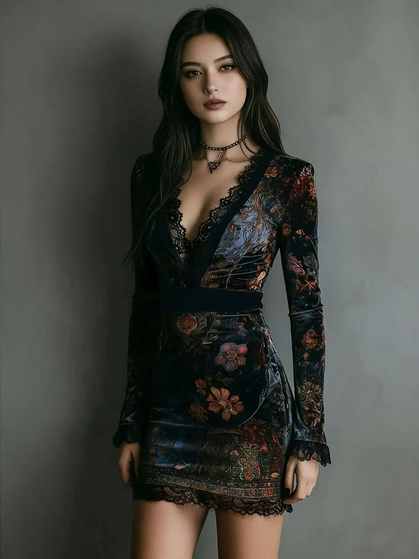 Velvet Floral Print Deep V Neck Mini Dress With Lace Trim And Long Sleeve