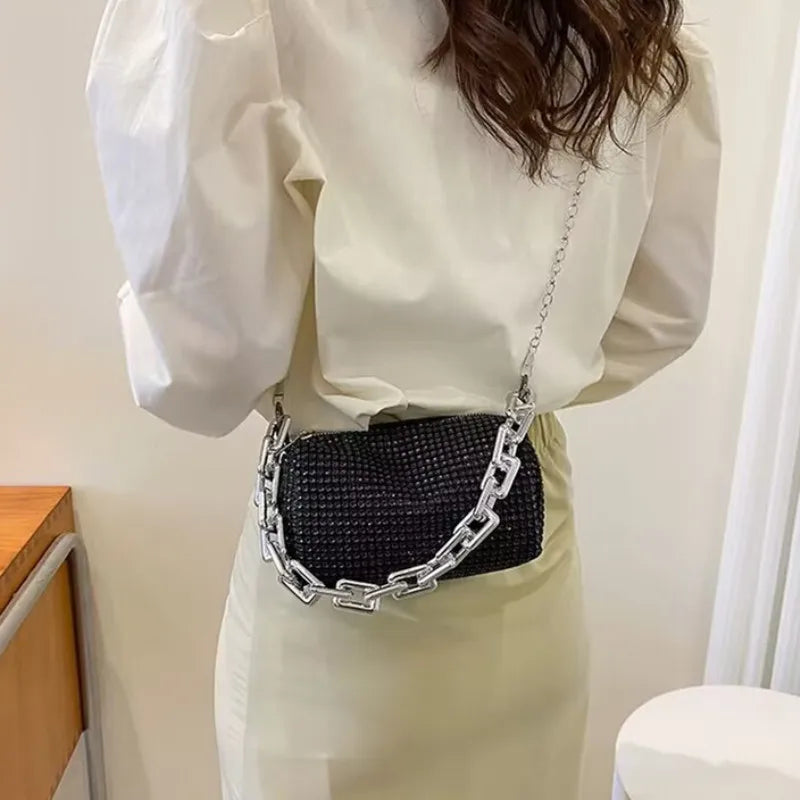 Mini Crossbody Rhinestone Bucket Bag With Glitter Chain Purse