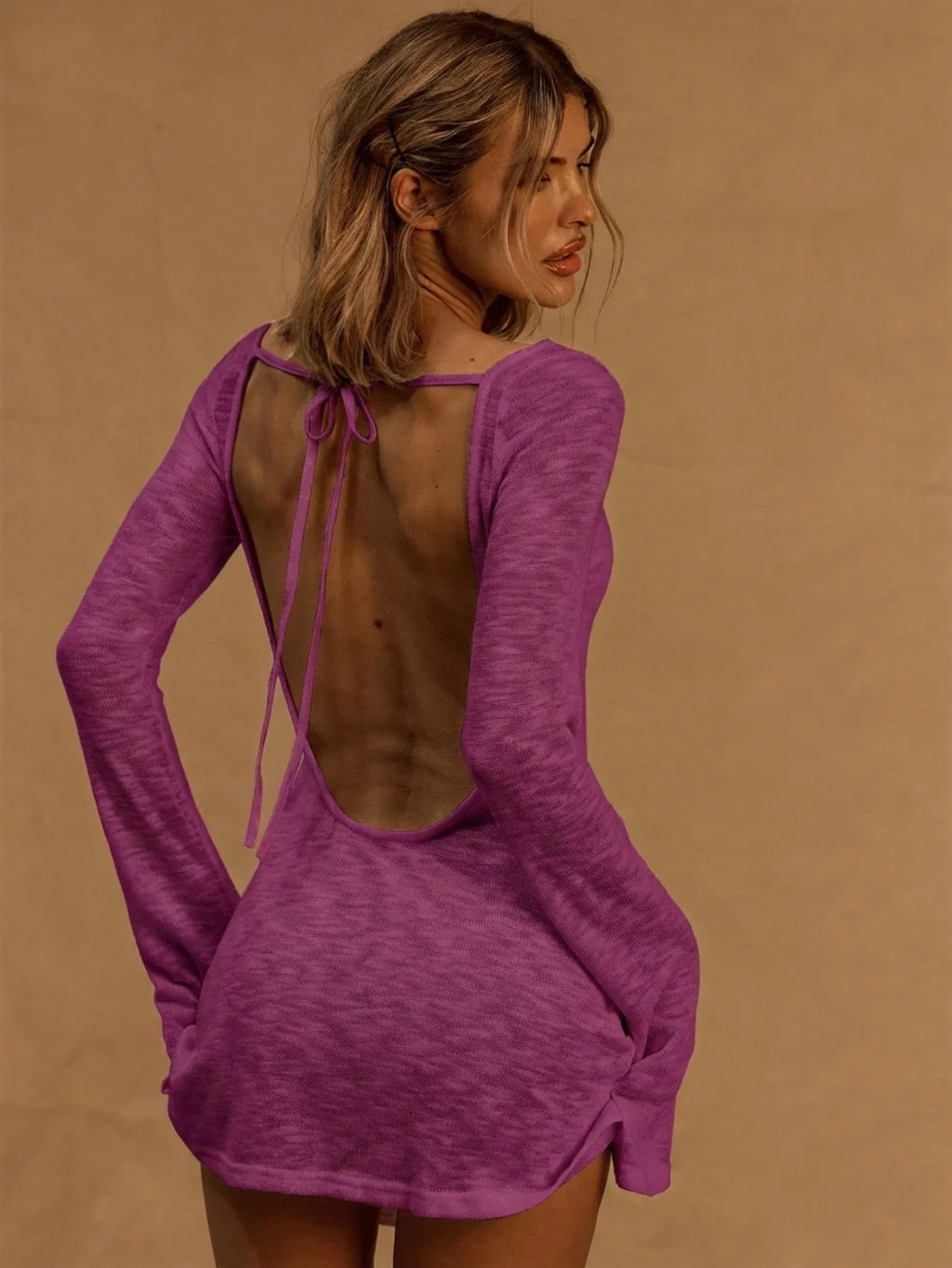 A Line Knit Mini Dress With Slash Neck And Bell Sleeves