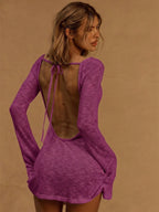 A Line Knit Mini Dress With Slash Neck And Bell Sleeves