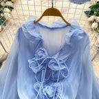 Boho 3D Floral Chiffon Sundress With Long Sleeves Lace Up Ruffle Detail