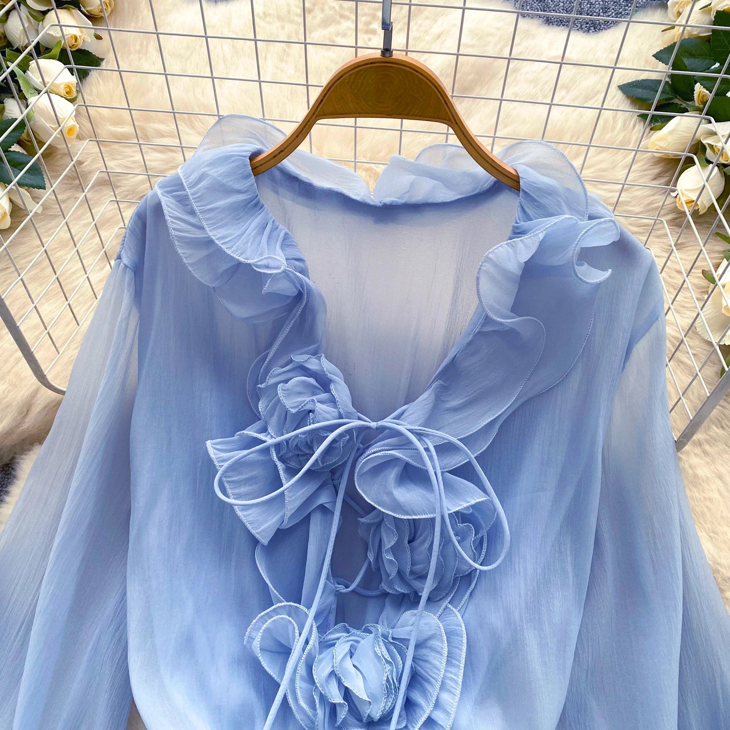 Boho 3D Floral Chiffon Sundress With Long Sleeves Lace Up Ruffle Detail