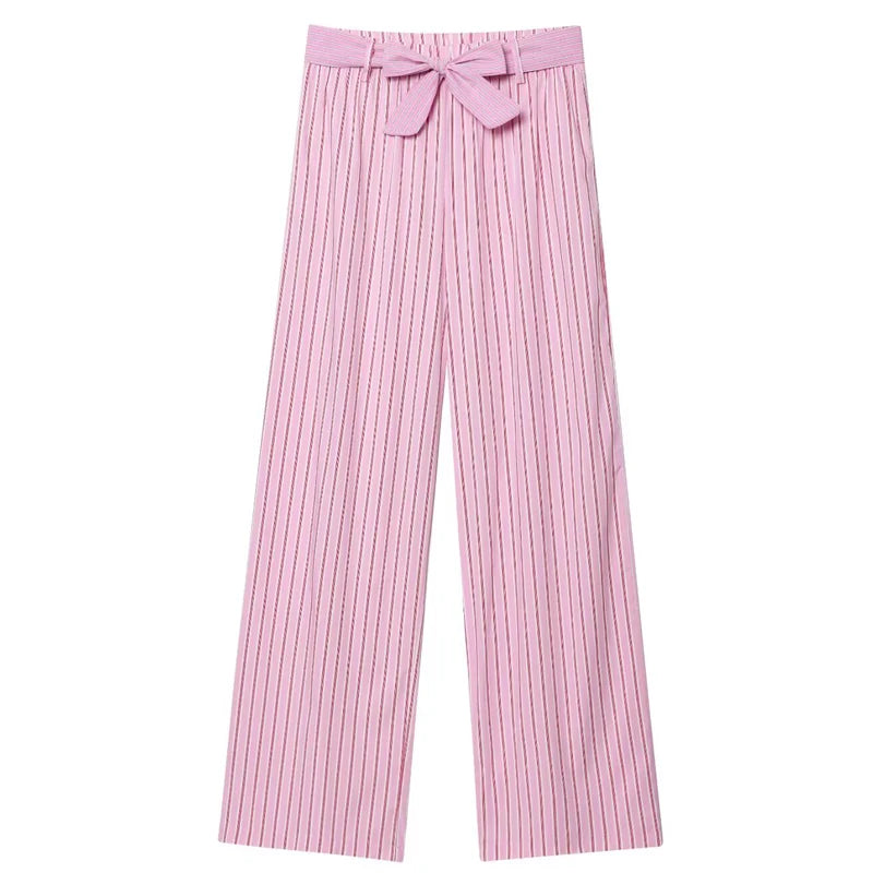 Striped Pant Sets With Crop Top Bow Detail And High Waist Trousers