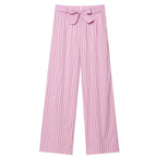 Striped Pant Sets With Crop Top Bow Detail And High Waist Trousers