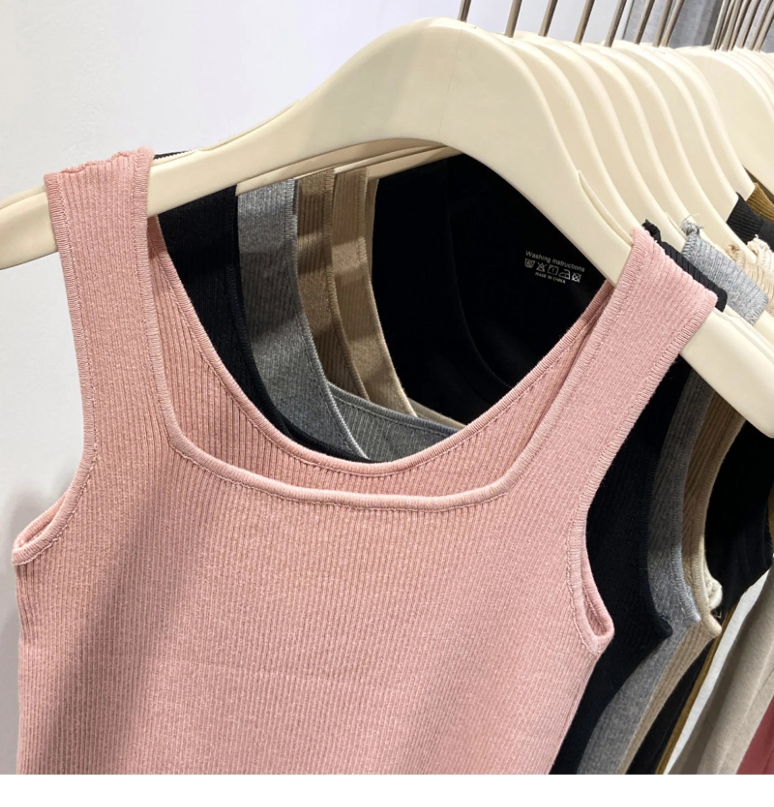 Knitted Strap Top With Clavicle Square Collar