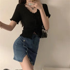 Soft Knit V Neck Cropped Ribbed Short Sleeve Tee