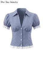 Vintage Lapel Collar Puff Sleeve Lace Patchwork Sweet Plaid Single Breasted Blouse