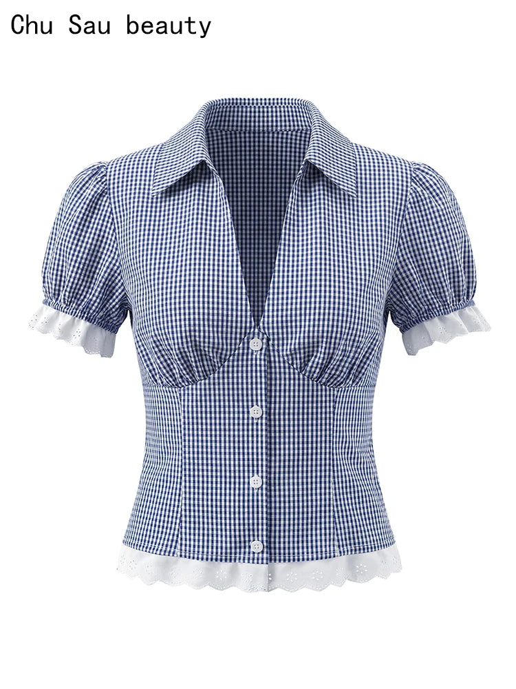 Vintage Lapel Collar Puff Sleeve Lace Patchwork Sweet Plaid Single Breasted Blouse