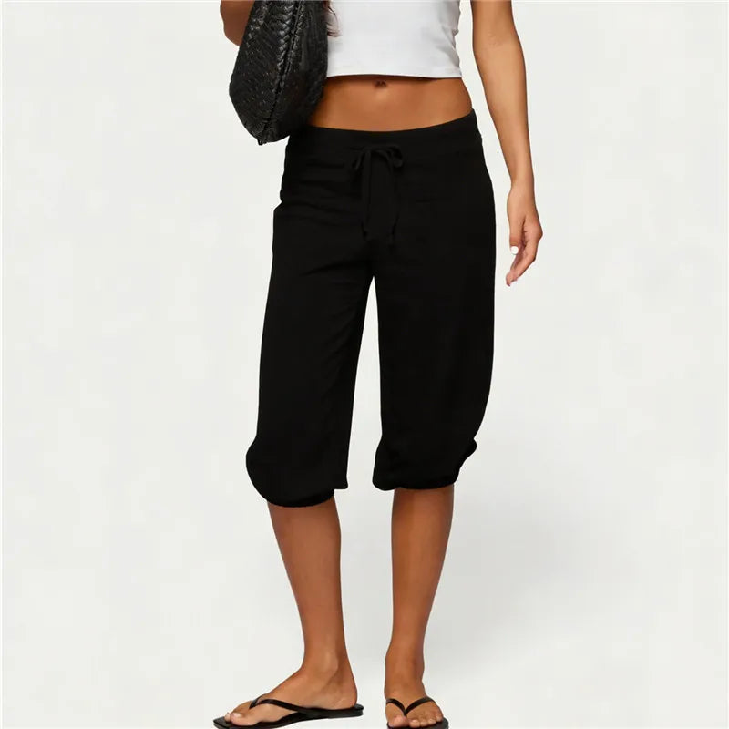 Women Vintage Y2K Low Waist Capri Sweatpants Drawstring Loose 3/4 Length Cropped Pants