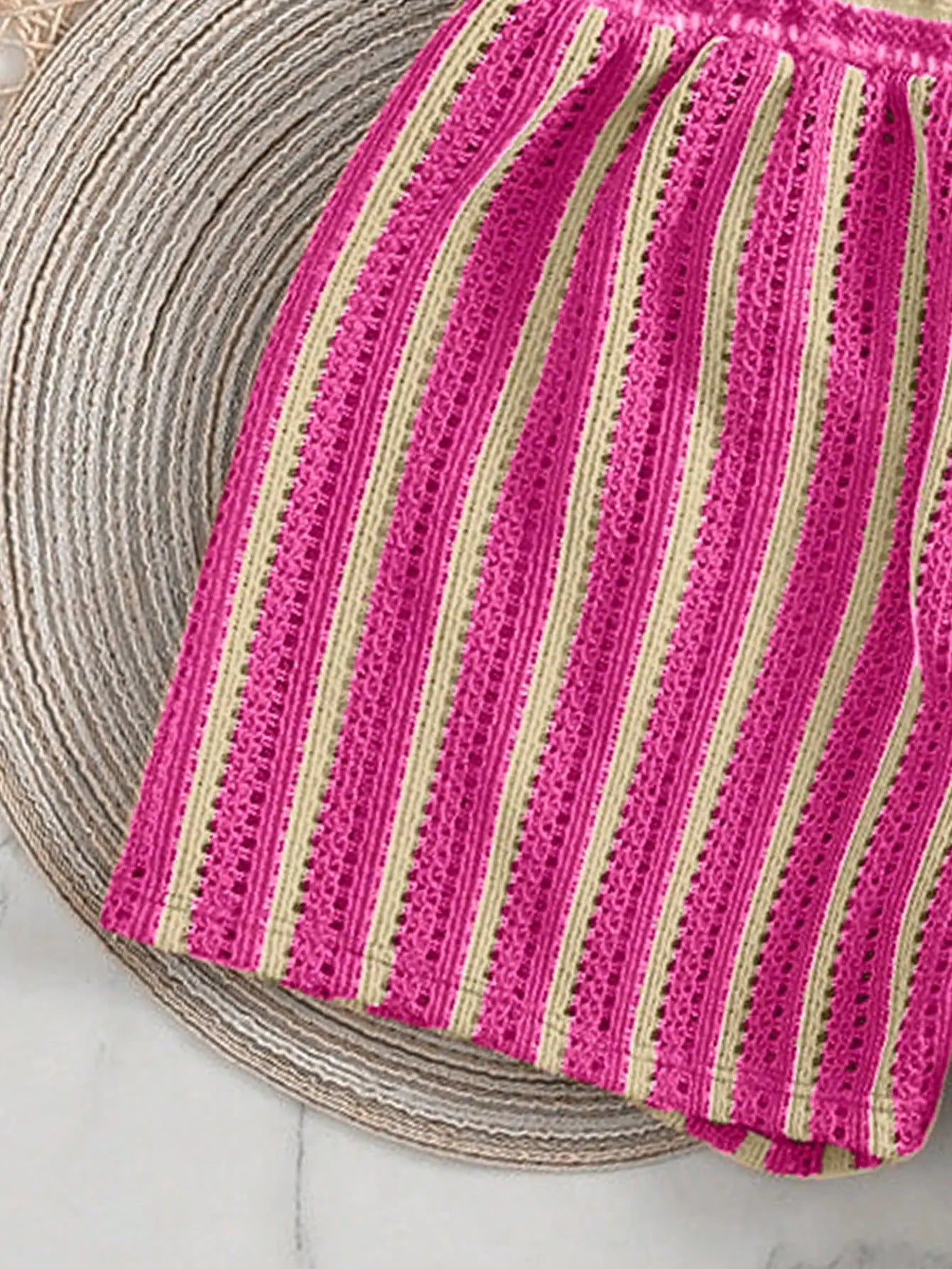 Retro Striped 3 Pieces Knitted Mesh String Bikini Set Swimsuit