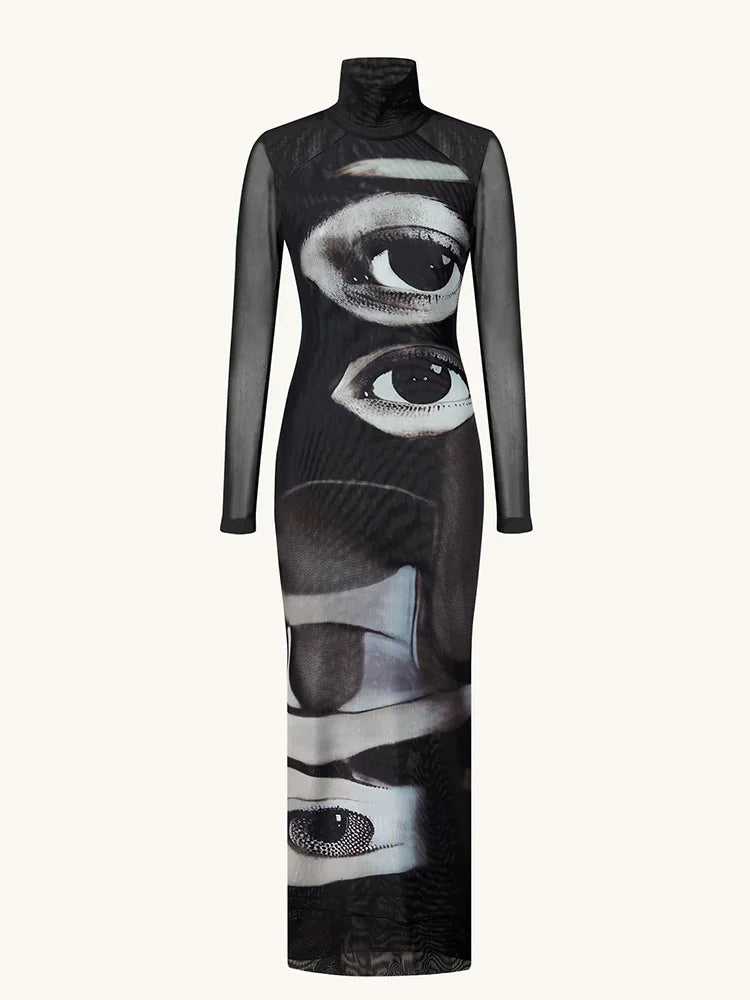 Printed Maxi Dress With Turtleneck And Long Sleeves Slim Fit